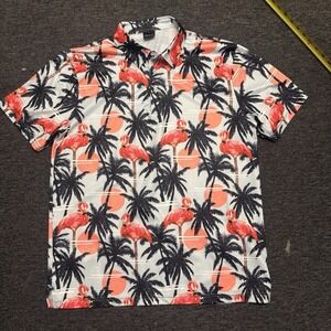 Golf Gods Australia Polo Shirt Large Flamingos All Over Print Performance EUC
